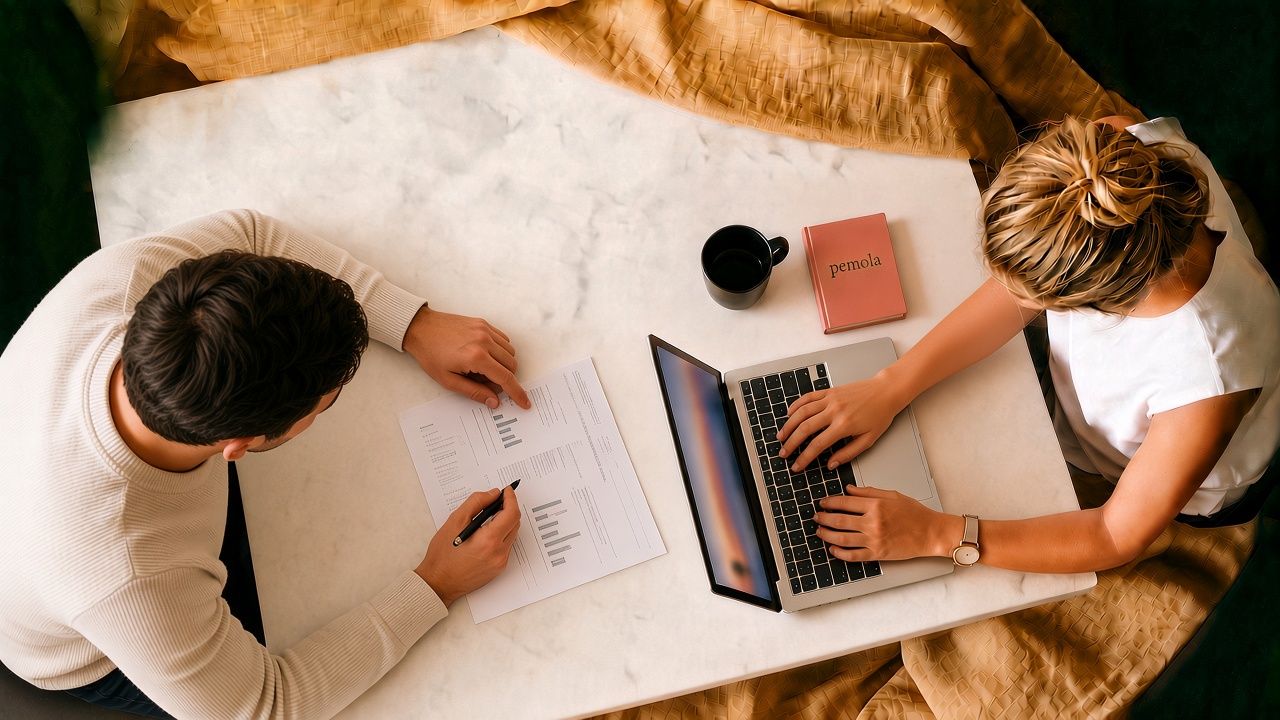 Two people at a marble table planning together, one reviewing printed charts while the other works on a laptop